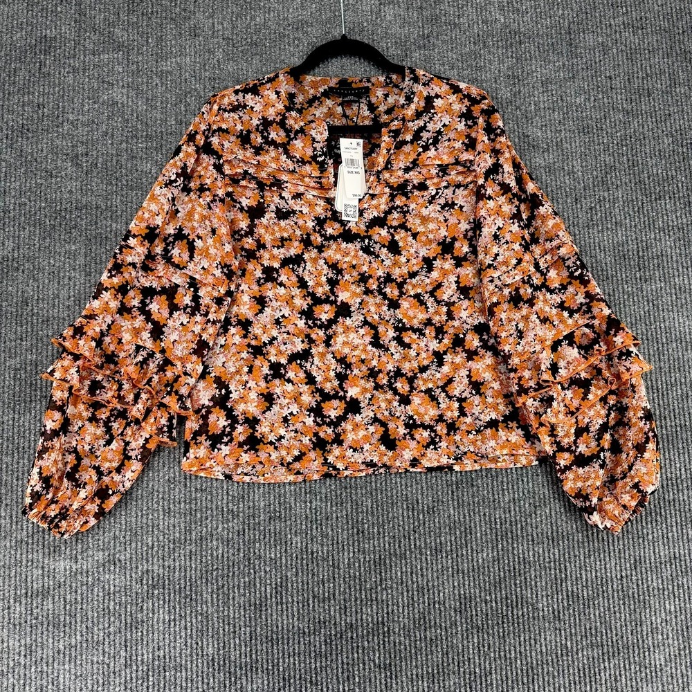 Sanctuary women's floral sheer cropped blouse XXS ruffle sleeve NWT‎